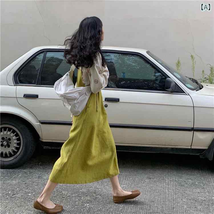 ワンピース レディース 吊りスカート 高見え 麻混 リネン Aライン ロング丈 ノースリーブ 快適 流行色 レモンイエロー ゆったり かわいい 2