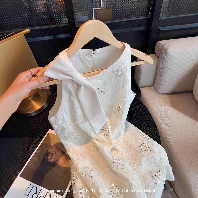 ワンピース レディース Aライン チュール 花柄 スパンコール 蝶結び ノースリーブ ミニ丈 ポリエステル..