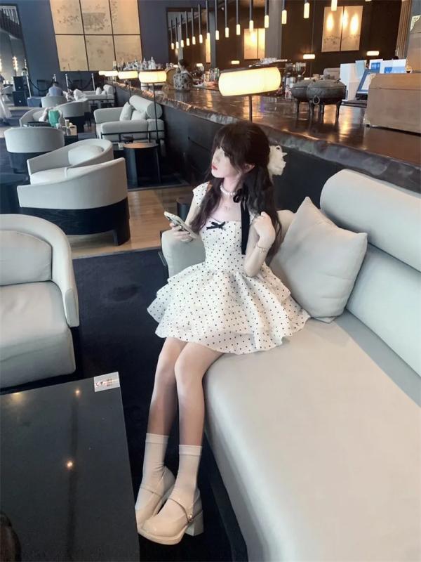 ワンピース レディース 夏 パフスリーブ ポロネック ドット柄 水玉柄 ウエストシェイプ Aライン フレア ミニワンピース TR素材 レトロ ガーリー