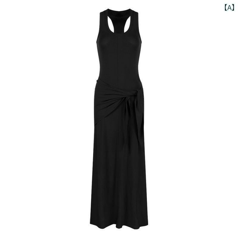 ワンピース レディース 黒色 Uネック ノースリーブ タンクトップ セクシー ウエストシェイプ スリムフィット ヒップラップ ロングスカート 綿 灰色 白色 文芸 レトロ チャイナスタイル