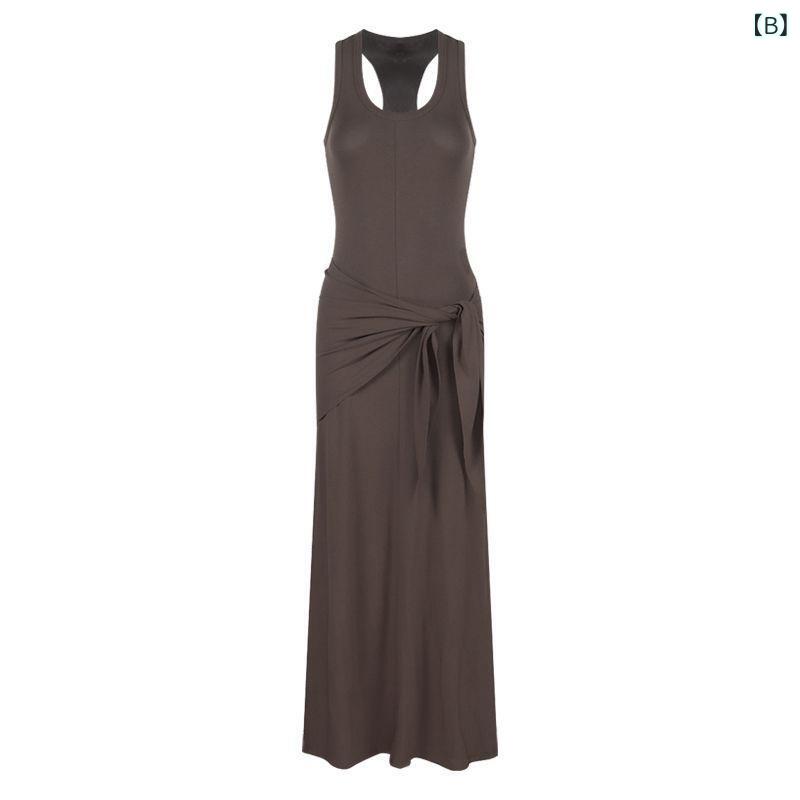 ワンピース レディース 黒色 Uネック ノースリーブ タンクトップ セクシー ウエストシェイプ スリムフィット ヒップラップ ロングスカート 綿 灰色 白色 文芸 レトロ チャイナスタイル