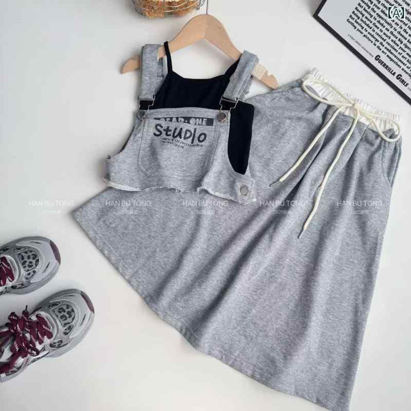 キッズ 女の子 夏服 3点セット：タンクトップ キャミソール ビスチェ ＋ サスペンダースカート ＋ かわ..