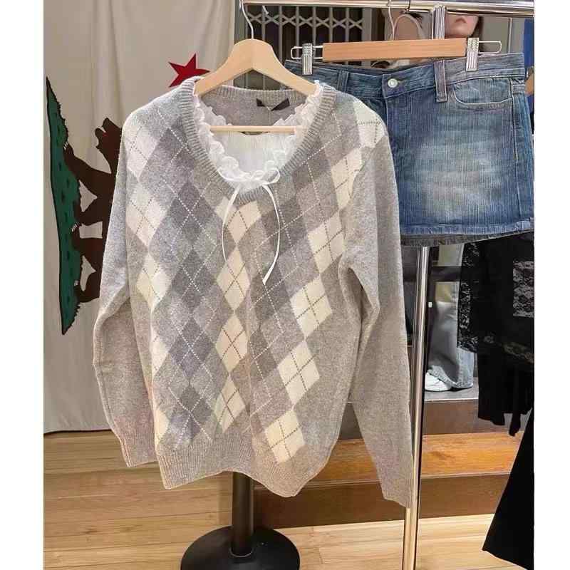 ニット レディース Vネック 菱形柄 秋冬 トップス セーター ゆったり 学院風 かわいい 長袖 おしゃれ ..
