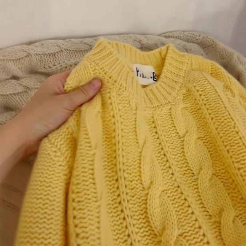 ニット レディース ケーブル編み ラクーン 秋冬 プルオーバー トップス ゆったり 長袖 黄色 赤色 青色 ..