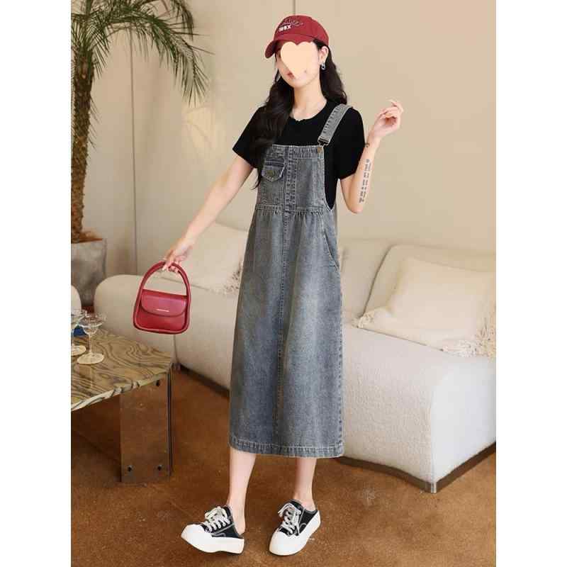 ワンピース レディース デニム Aライン 中ロング丈 背あて サロペットスカート ゆったり スリット 韓国風 ジーンズ 普段使い
