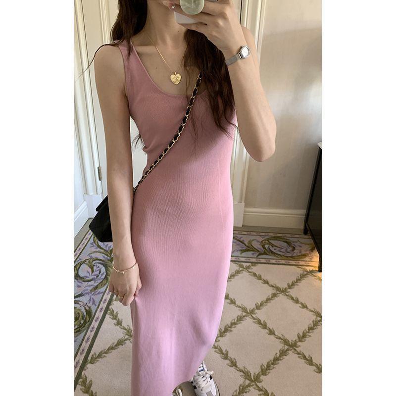 ワンピース レディース 春夏 ニットワンピース キャミソールワンピース タイト ミモレ丈 ポリエステル 無地 ピンク ブラック 黒 ストリート カジュアル