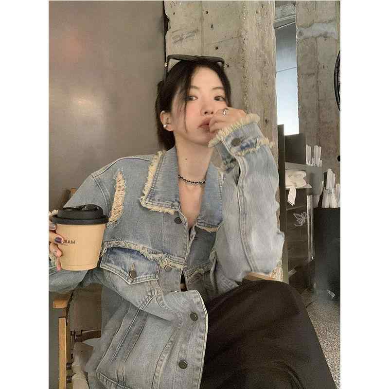 デニムジャケット レディース ダメージ加工 ゆったり カジュアル アウター トップス 長袖 ポロ襟 ミディアム丈 ライトブルー