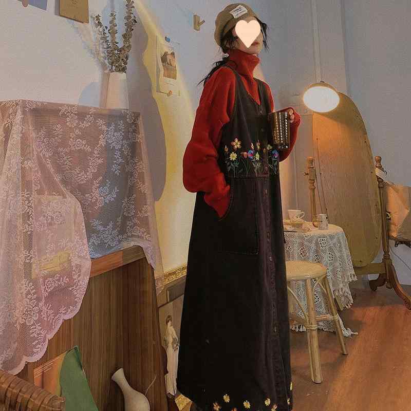 デニム レディース ワンピース 秋冬 刺繡 デニム サロペットスカート ミモレ丈 ゆったり 大きいサイズ 体型カバー 着痩せ ブラック ブルー ホワイト 伸縮性 ポリエステル