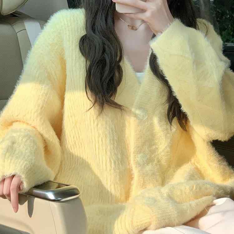 ニット カーディガン レディース 秋冬 柔らかい Vネック ゆったり 長袖 ニットカーディガン 配色 かわいい 韓国風 普段使い デート(4)