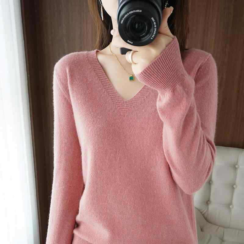 乐天商城 - ニット レディース Vネック ゆったり 薄手 長袖 セーター トップス プルオーバー ポリエステル 伸縮性 無地 春秋 白色 黄色 赤色 紫色 黒色 緑色 キャメル ピンク ベージュ コーヒー 紺色