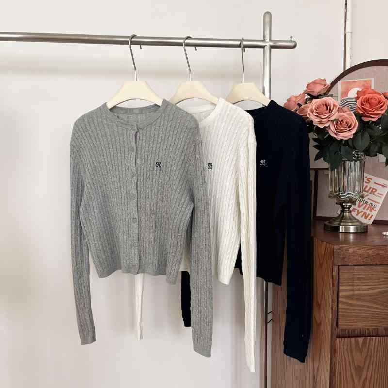 制服, 作业服 - カーディガン レディース 春秋 ニット 晴綿 刺繡 ゆったり 長袖 トップス 丸首 韓国風 カジュアル 普段使い かわいい 秋冬