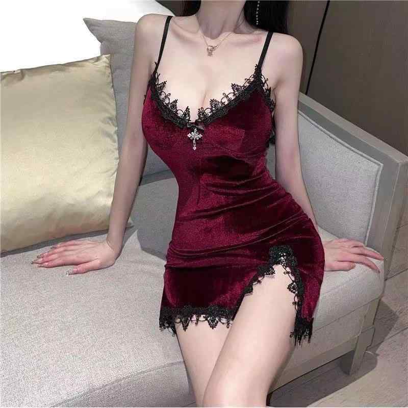 ワンピース レディース 韓国風 ベロア レース 切り替え キャミソール ミニワンピース 黒 ブラック ワインレッド Vネック ノースリーブ 伸縮性 文芸風 パーティードレス