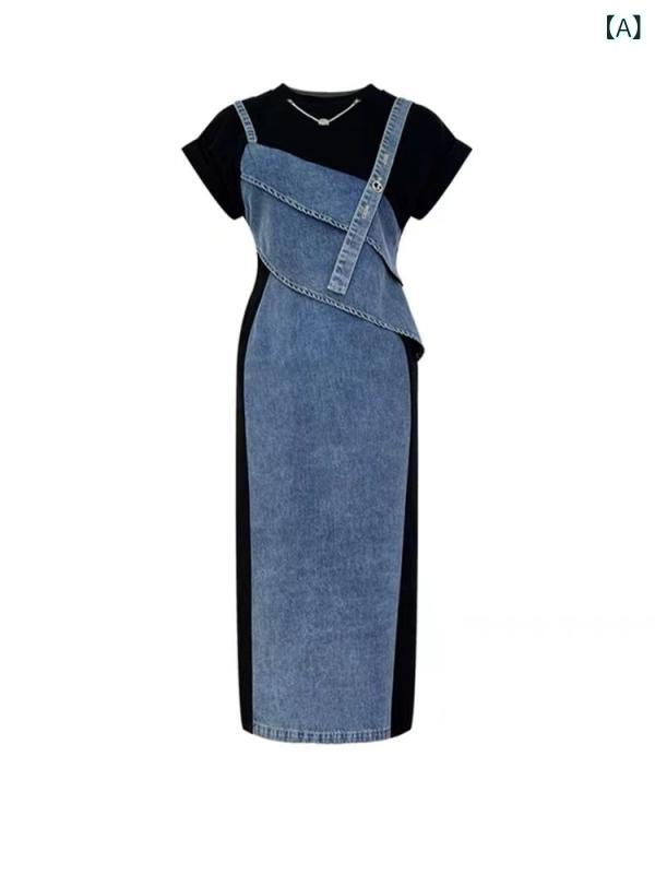 ワンピース レディース デニム 切り替え 配色 ロングワンピース 半袖 ドッキング Aライン 膝下丈 ミモレ丈 おしゃれ かわいい 綿 ポリエステル 春夏