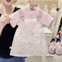 キッズ 女の子 サロペットスカート セットアップ 春夏 半袖 コーデュロイ 2点セット ピンク系 ホワイト 80 90 100 110 120 130