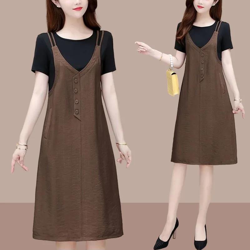 ワンピース レディース 大きいサイズ 半袖 Aライン 切り替え バイカラー 膝丈 ミモレ丈 2024 春夏 ポリエステル 高見え ゆったり ラウンドネック マタニティ 普段使い 中国風 グリーン ネイビー コーヒー