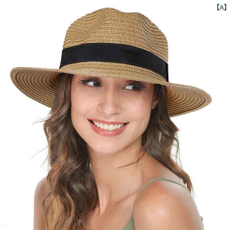 Hat - 麦わら帽子 男女兼用 折りたたみ 透気性 防晒 遮陽 夏用 海辺 沙滩 紙草 素材 純色 平頂 短檐 卡其 白色 米色 可愛 自然 田園 度假 風 日韓 スタイル 清新 甜美 機能