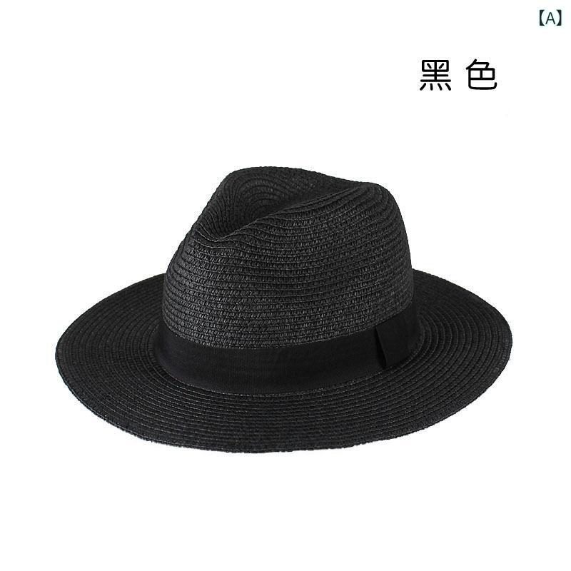 帽子 メンズ レディース 春夏 秋 草編み ジャズハット 韓国風 平頂 広縁 蝶結び 単色 旅行 休暇 ビーチ 防紫外線 遮陽 黒 白 ベージュ
