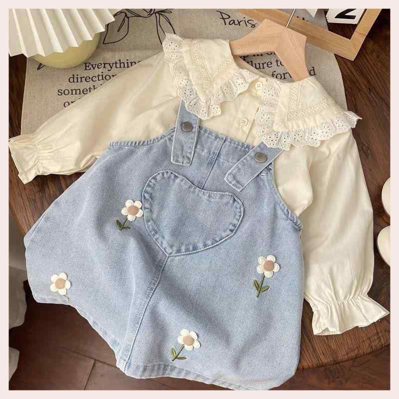 ワンピース 女児 背付き 子供服 洋風 セットアップ デニム 襟付きシャツ 2点 春 Cクラス 中大童 8歳以..