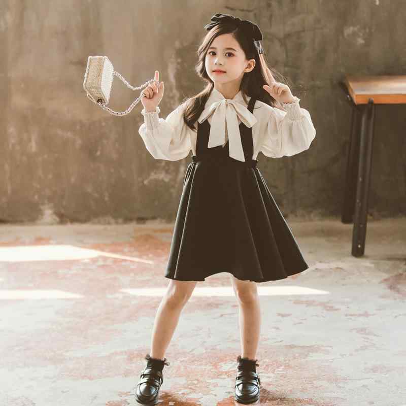 子供服 女の子 襟付きシャツ ジャンパースカート セットアップ 2点セット 長袖 無地 膝丈 ミモレ丈 かわいい ガールズ 秋 ブラック 110cm 120cm 130cm 140cm 150cm 160cm