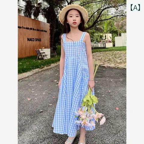 ワンピース 女の子 サマードレス チェック柄 Aライン リゾート 膝丈 ポリエステル ブルー かわいい お..