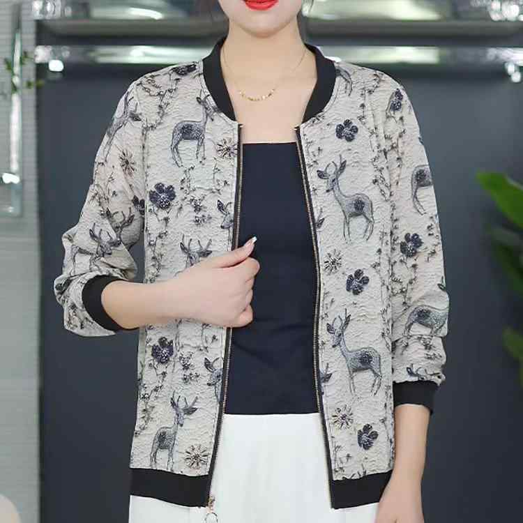 ジャケット レディース ゆったり 薄手 小鹿プリント Vネック 長袖 アウター 緑 グリーン ピンク系 米白 ホワイト系 普段使い