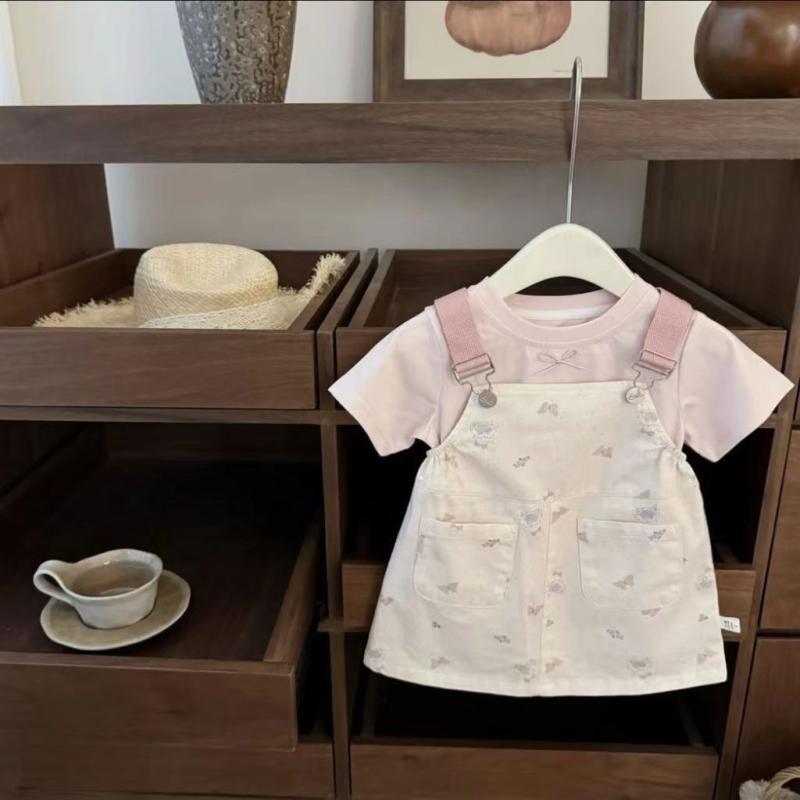 子供服 女の子 ワンピース セットアップ 夏 背負い紐 スカート 半袖 Tシャツ 2点 上下 薄手 かわいい ..