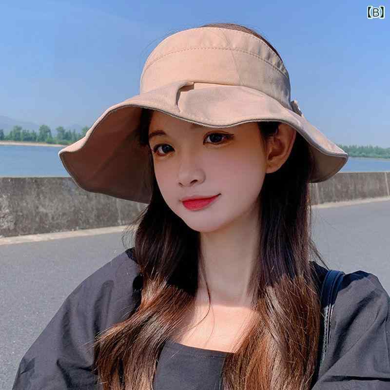 シャドーテールのレディース 帽子 UVカット 空頂 防晒 夏用 紫外線 顔 遮り 太陽 ワイドブリム 蝶結び フィッシャーマン 遮陽 透気 折りたたみ 調整可能 ポリエステル ベージュ 黒 カーキ かわいい スタイル 清新 甘美 ファッション 通勤 散歩 アウトドア｜アングル3