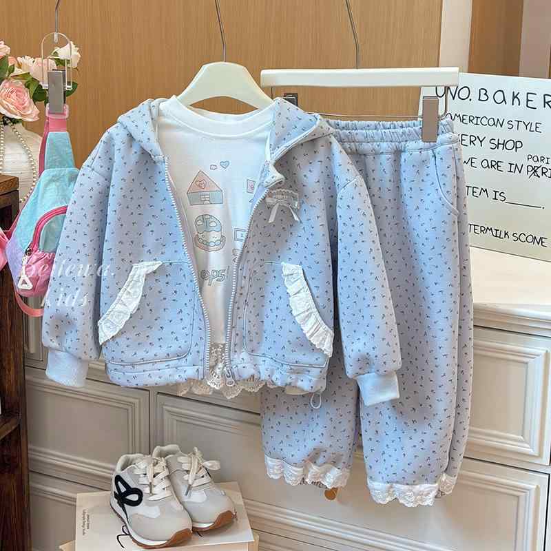 子供用セットアップ スウェット パーカー パンツ 上下セット ガールズ 小花柄 ブルートップス ボトムス..