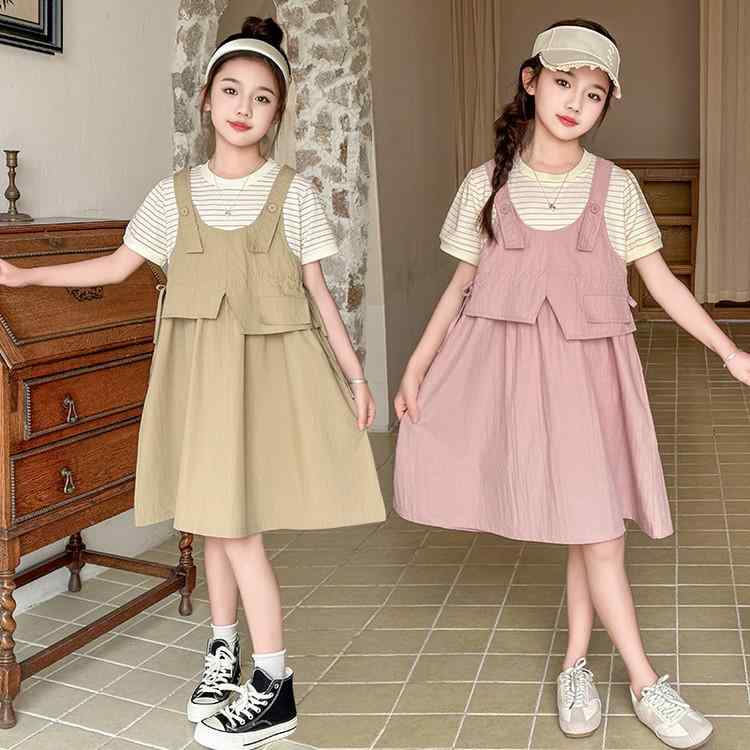 ワンピース キッズ 女の子 夏 Aライン 半袖 ノースリーブ 2点セット ポリエステル 無地 かわいい カー..