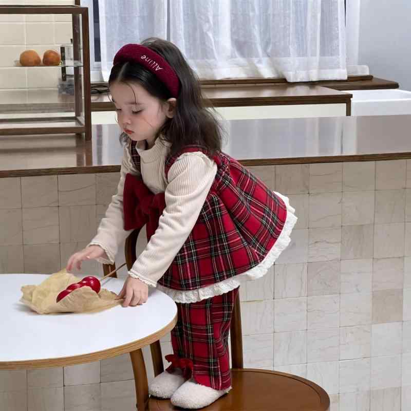 子供用クリスマスセット 厚手 衣服 秋冬 韓国風 子供服 女の子 サスペンダースカート チェック柄 裏起..