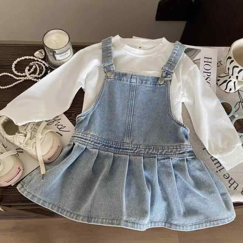 子供服 女の子 デニム サロペットスカート セットアップ 長袖 トップス 春秋 2点セット かわいい アルファベット 無地 普段着 おしゃれ着