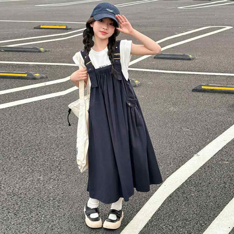 ワンピース キッズ 女の子 子供服 夏服 半袖 ノースリーブ 2点セット 膝丈 スカート 韓国風 薄手 コットン混紡 120 130 140 150 160 170 紺色 カーキ