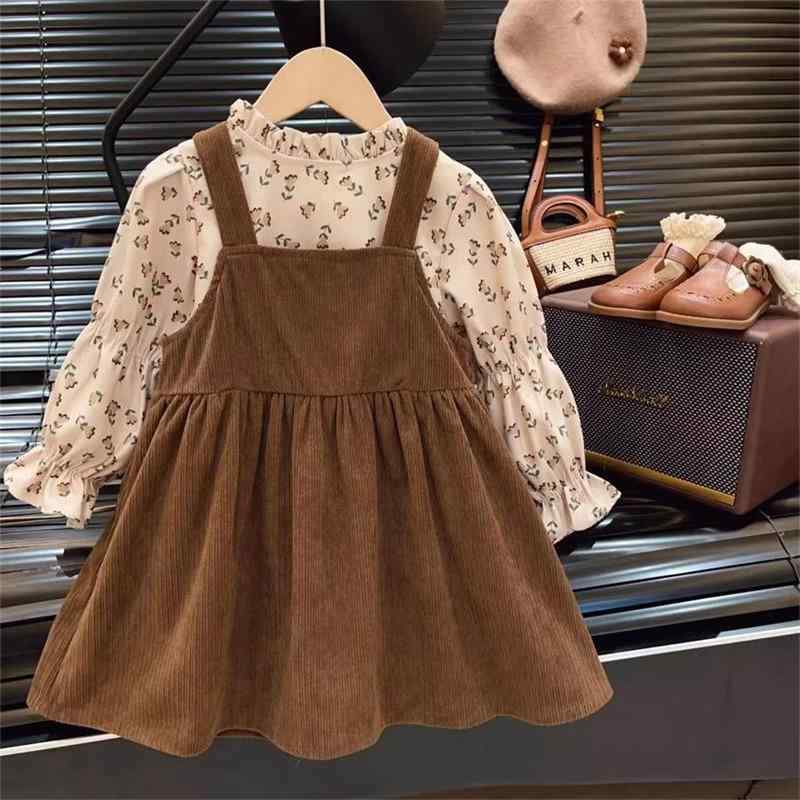 ワンピース キッズ 女の子 子供服 2点セット 花柄 シャツ キャミソールワンピース セットアップ 発表会 普段着 かわいい ブラウン系 110cm 120cm 130cm 140cm