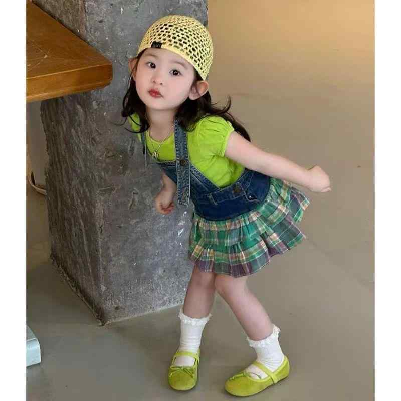 鬥篷 - 子供用セットアップ デニム切り替えスカート 半袖トップス ガールズ 女の子 夏 格子柄 かわいい おしゃれ着 普段着