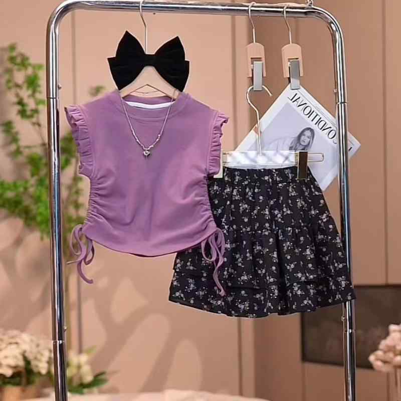 子供用セットアップ キッズ 女の子 夏物 上下セット 薄手 半袖 トップス 花柄 スカート かわいい おしゃれ 普段着 パープル系 100cm 110cm 120cm 130cm 140cm 150cm
