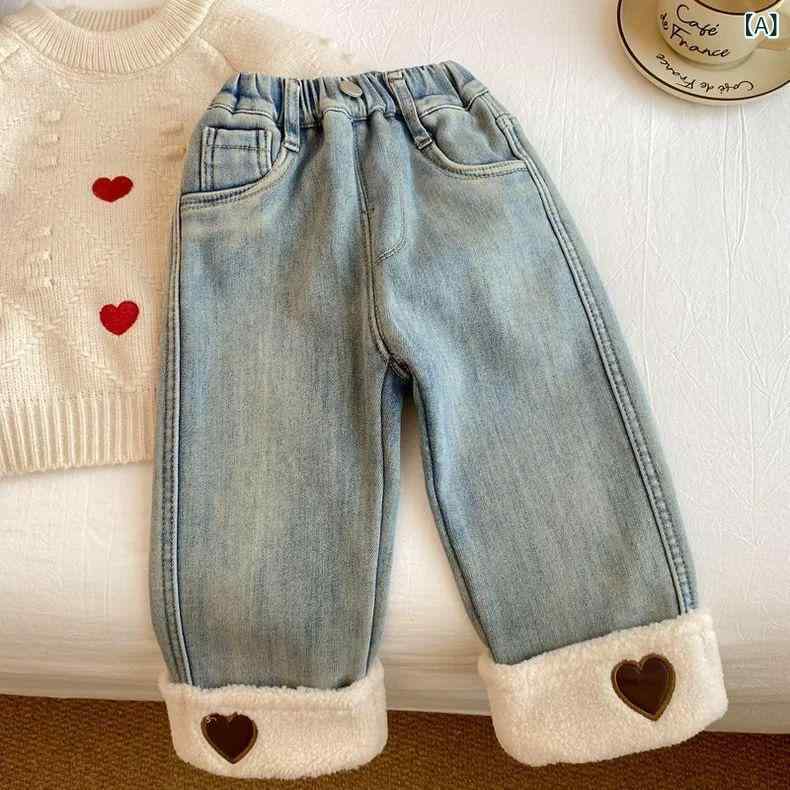 子供用ジーンズ ガールズ 裏起毛 デニムパンツ ストレートパンツ ワイドレッグパン...