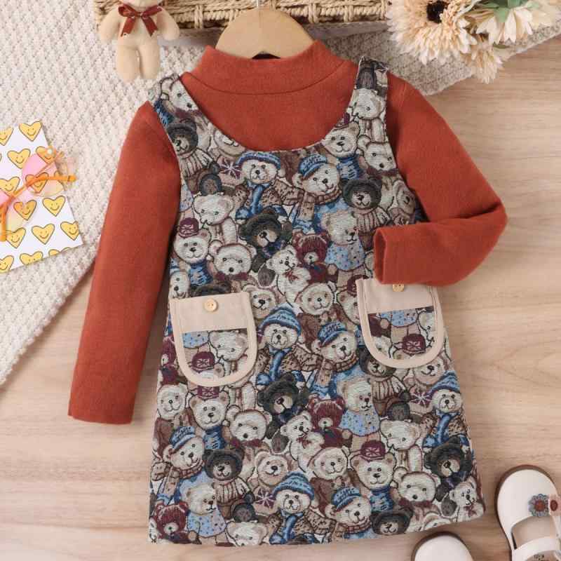 ワンピース キッズ 女の子 2点セット ビスチェ チュニック 刺繡 クマ柄 チョコレート色 ポリエステル ..