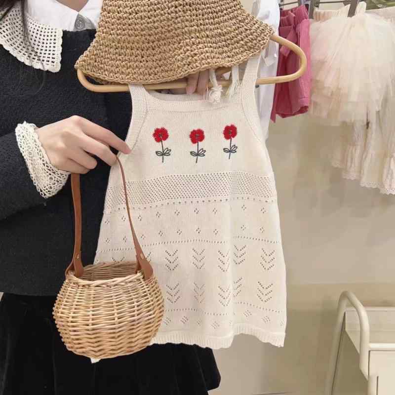 Jumpers - ワンピース キッズ 女の子 ニット 花柄 吊りスカート 子供服 背付きワンピース 森ガール かわいい おしゃれ 夏 サマー 赤 80 90 100 110 120 130