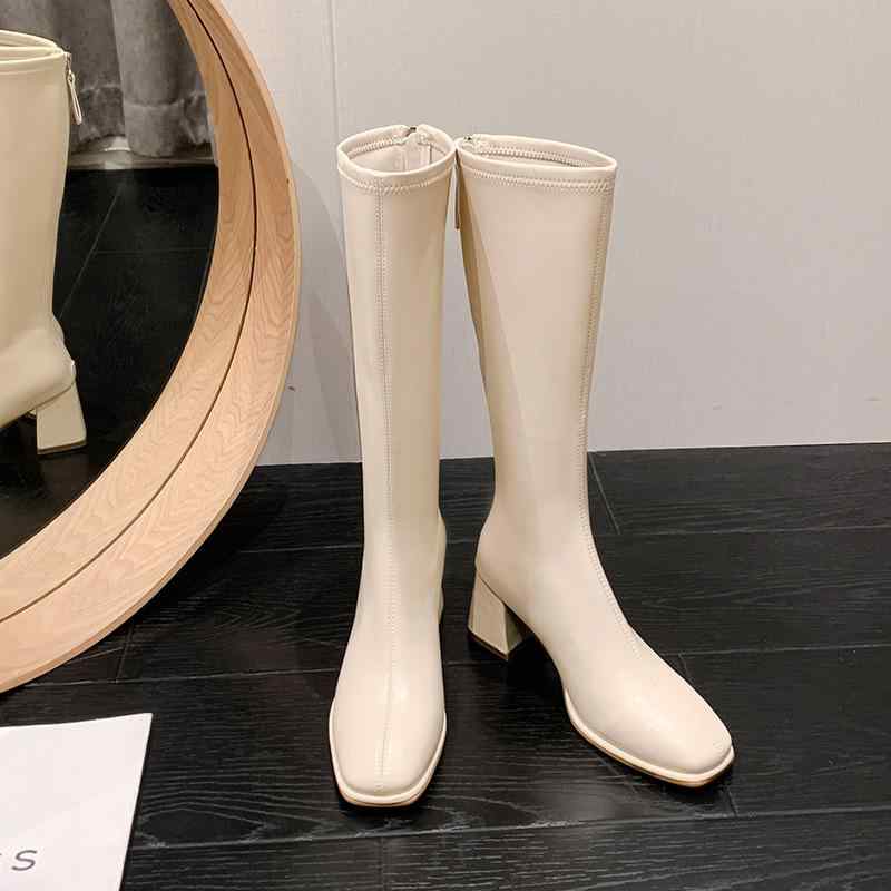 ブーツ レディース 小さいサイズ 31 32 33 34 秋冬 高筒ブーツ ハイヒール 太ヒール チャンキーヒール 6cm 7cm 8cm 高め 美脚 超繊維 婦人靴