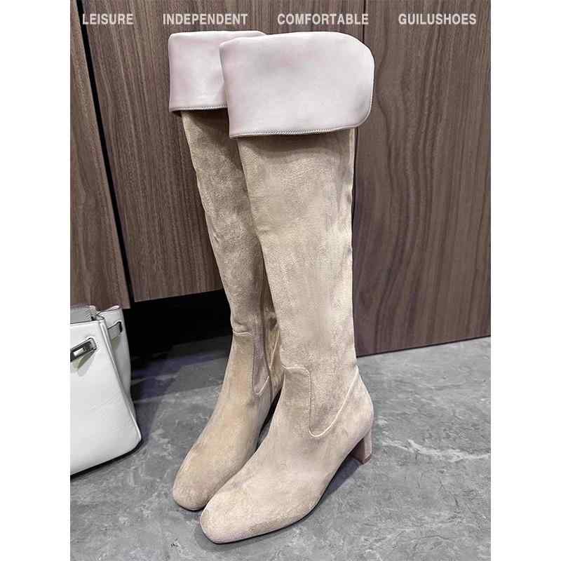 ブーツ レディース ニーハイブーツ ロングブーツ 太ヒール スエード調 チャンキーヒール スクエアトゥ サイドジップ 美脚 脚長効果 高めヒール 6cm 7cm 秋冬 韓国ファッション ブラック ベージュ