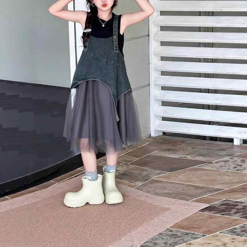 ワンピース キッズ 女の子 デニム セットアップ 夏 中大童 2点セット 子供服 ノースリーブ Aラインスカ..