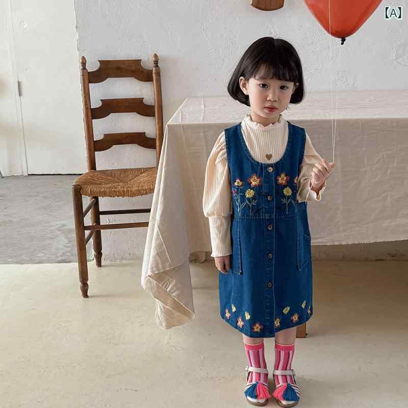 ワンピース キッズ デニム ジャンパースカート 春秋 女の子 子供服 ミディアム丈 A...