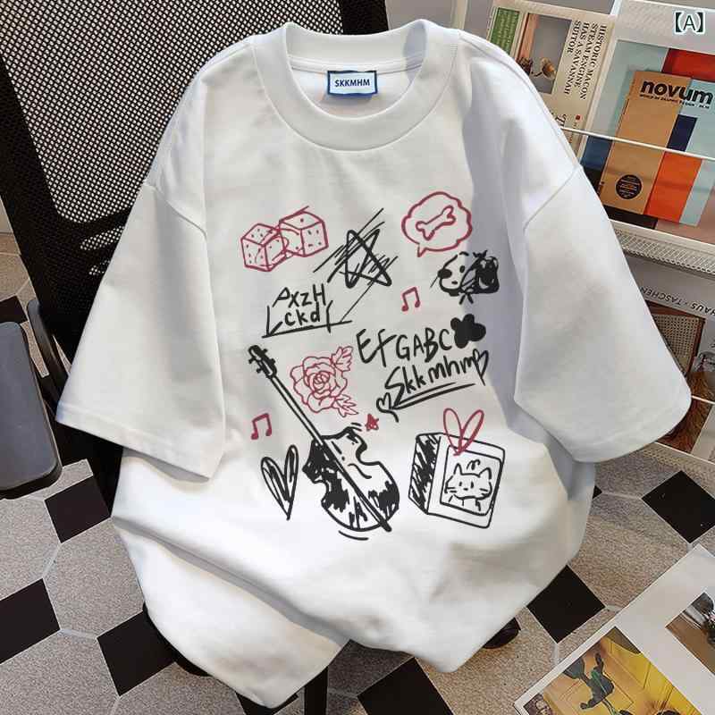 Rakuten - Tシャツ メンズ 短袖 綿 素材 白色 杏 白灰 夏 透気性 日常 着用 丸首 ルーズ フィット カラフル プリント グラフィック デザイン ストリート スタイル ティーン ユース ファッション コットン 100 パーセント ソフト タッチ ライト ウェ
