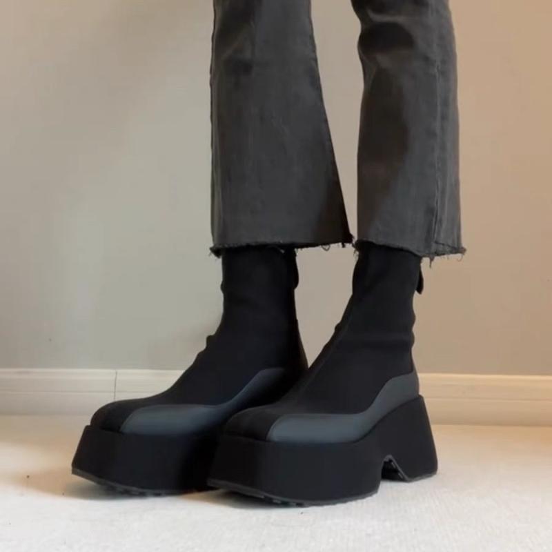 ブーツ レディース 厚底 ストレッチ チャンキーヒール ショートブーツ ソックスブーツ ブラック 無地 秋冬 スタイルアップ 超高ヒール 8cm以上 履きやすい 婦人靴 防水 プラットフォーム フェイクレザー