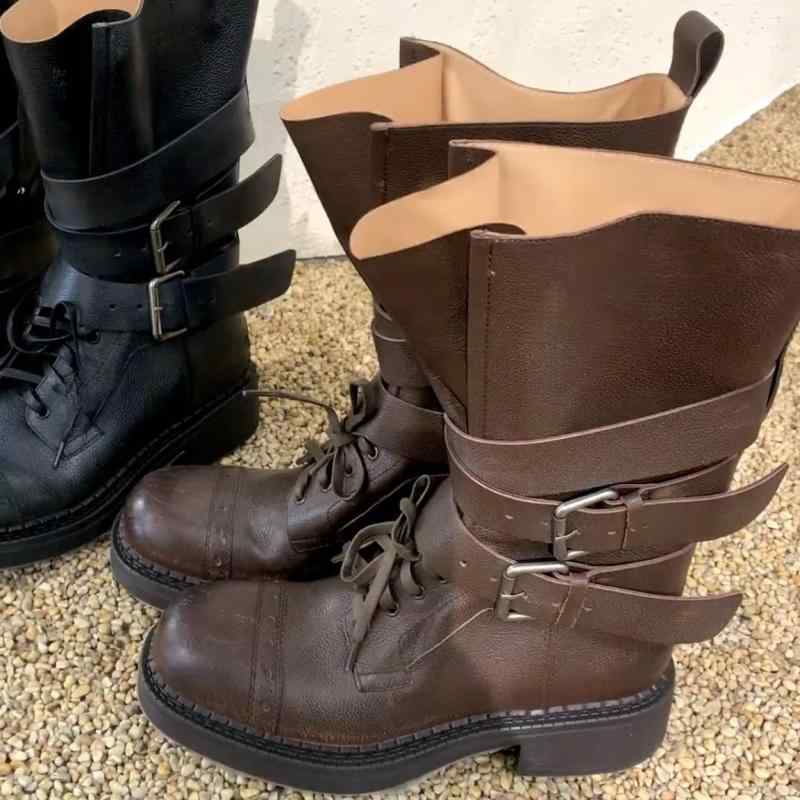 ブーツ レディース 大きいサイズ バイクブーツ 騎士ブーツ ウェスタンブーツ ミドル丈 ラウンドトゥ 太..