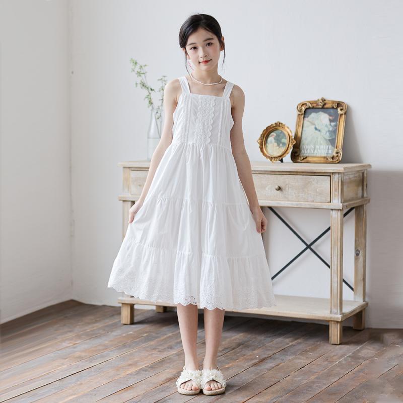 ワンピース キッズ 女の子 子供 吊りスカート ノースリーブ ケーキスカート レース Aライン コットン ..