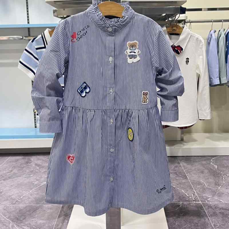 ワンピース キッズ 女の子 ストライプ柄 シャツワンピース チュニック カトゥーン刺繡 綿100% 8歳以上 ..