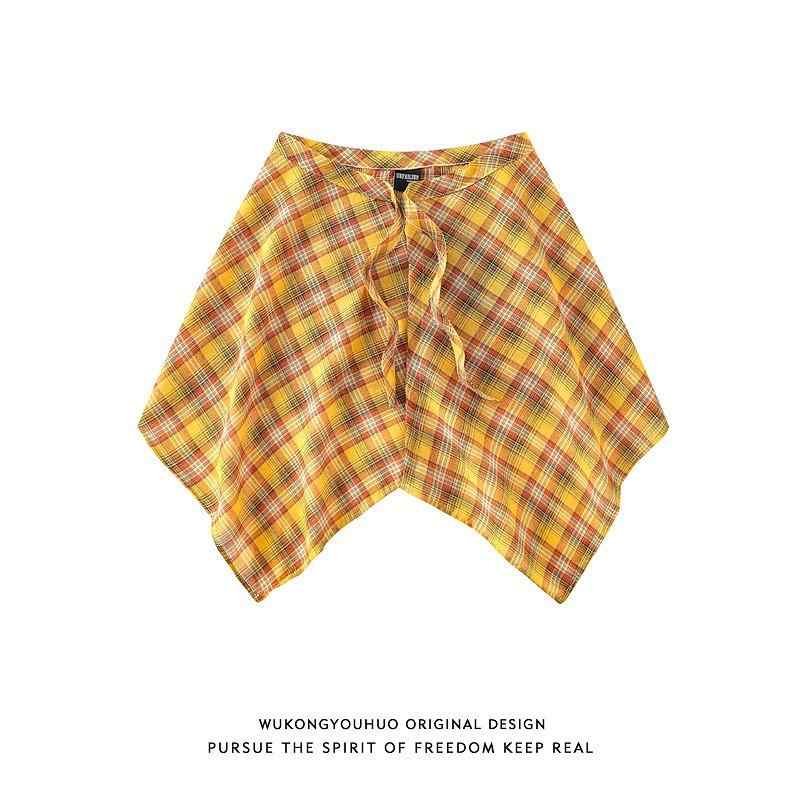 スカート レディース 彩色格子柄 Aライン 巻きスカート風 ポリエステル 短め丈 ストリート カジュアル ..