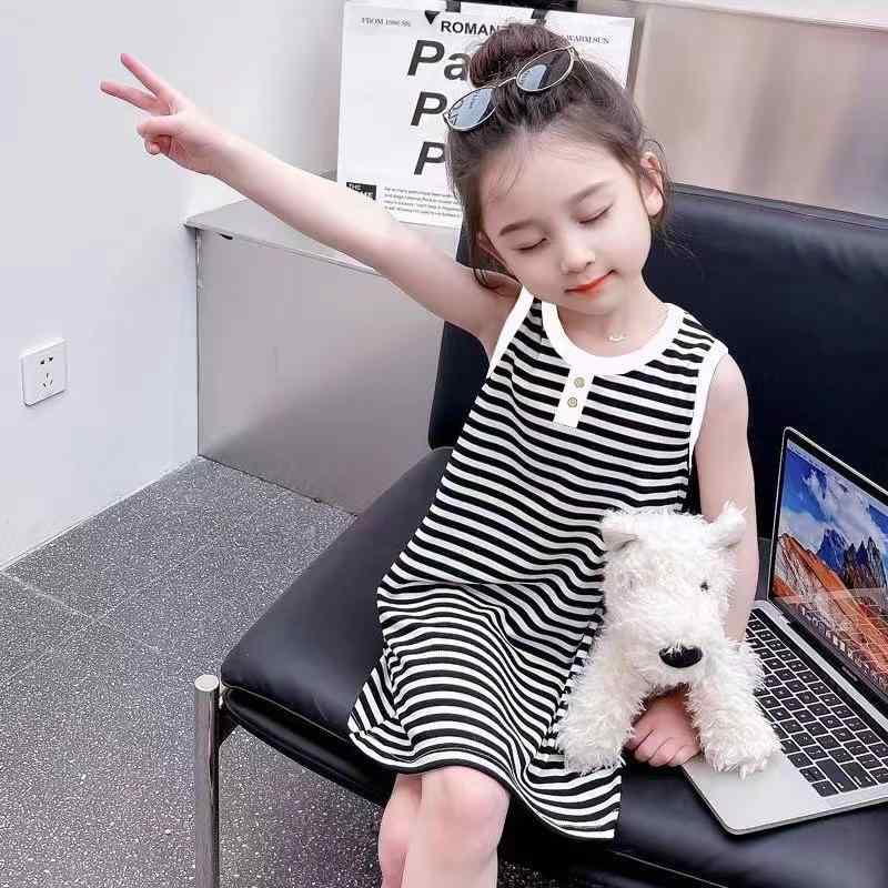 ワンピース キッズ 女の子 ストライプ柄 サマーワンピース ポリエステル Aライン 直筒 膝丈 かわいい ..