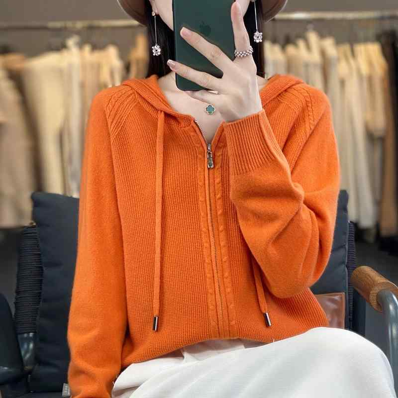 カーディガン レディース ニット ジップアップ パーカー 秋冬 厚手 フード付き 羊毛 ポリエステル 無地 Vネック 長袖 ゆったり ミディアム丈 ベージュ キャメル ピンク 南瓜オレンジ